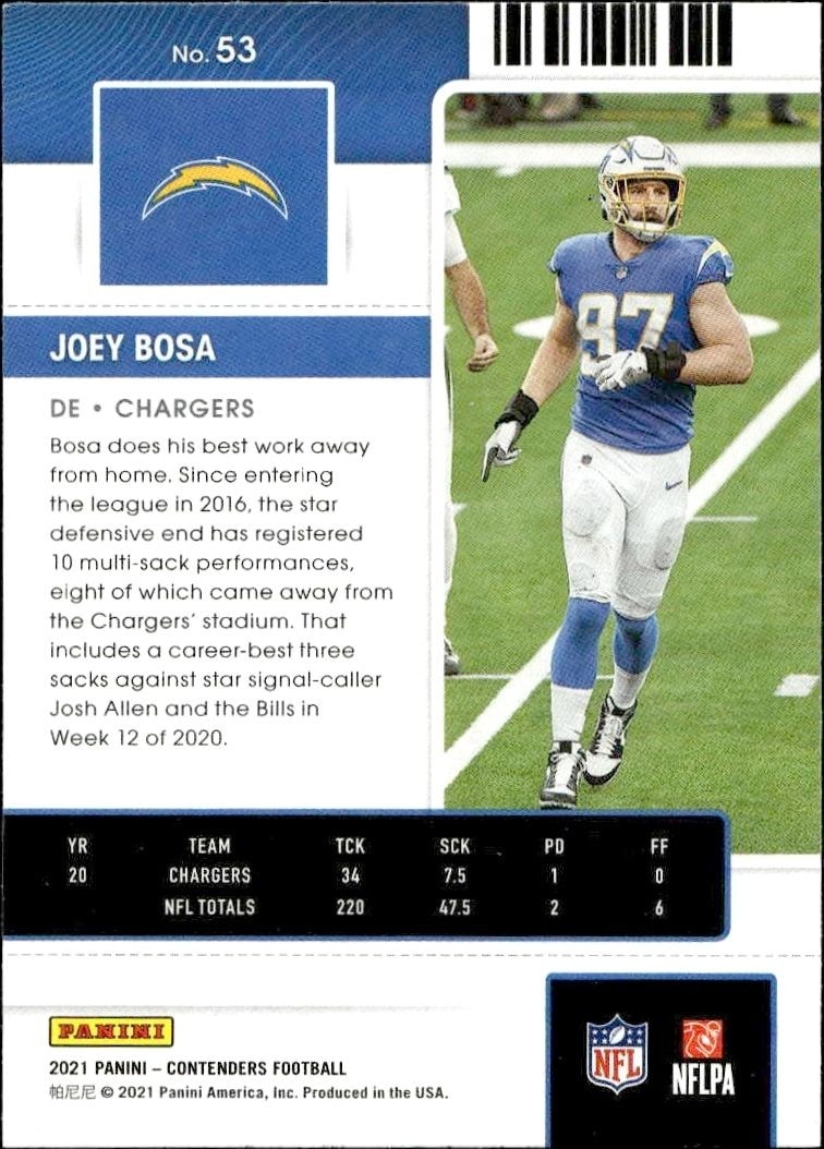 2021 Panini Contenders Joey Bosa #53 football trading card back