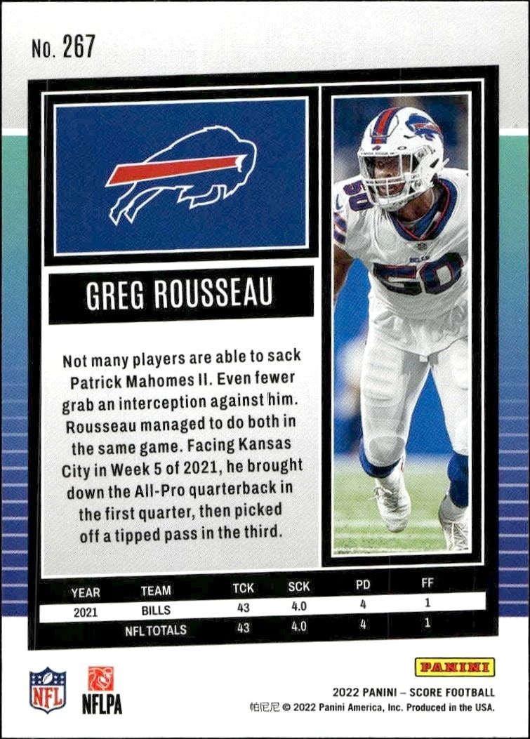 2022 Panini Score Greg Rousseau #267 football trading card back