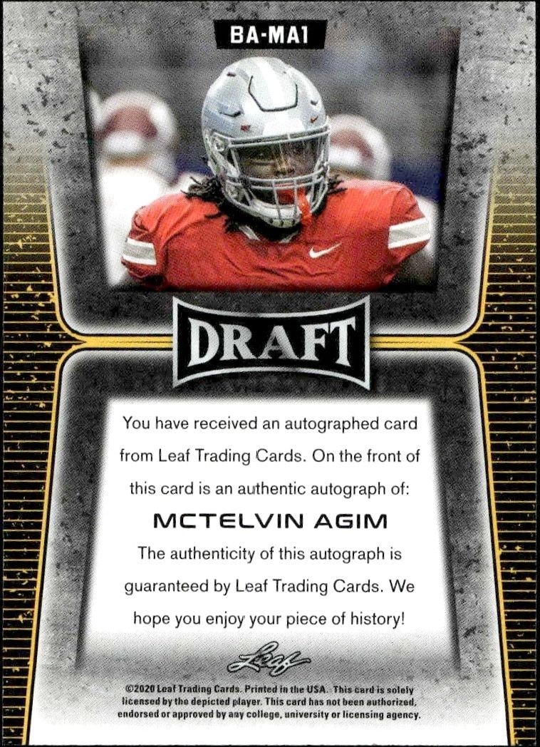 2020 Leaf Draft McTelvin Agim #BA-MA1 football trading card back