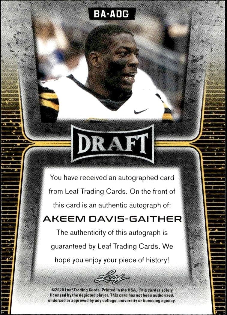 2020 Leaf Draft Akeem Davis-Gaither #BA-ADG football trading card back