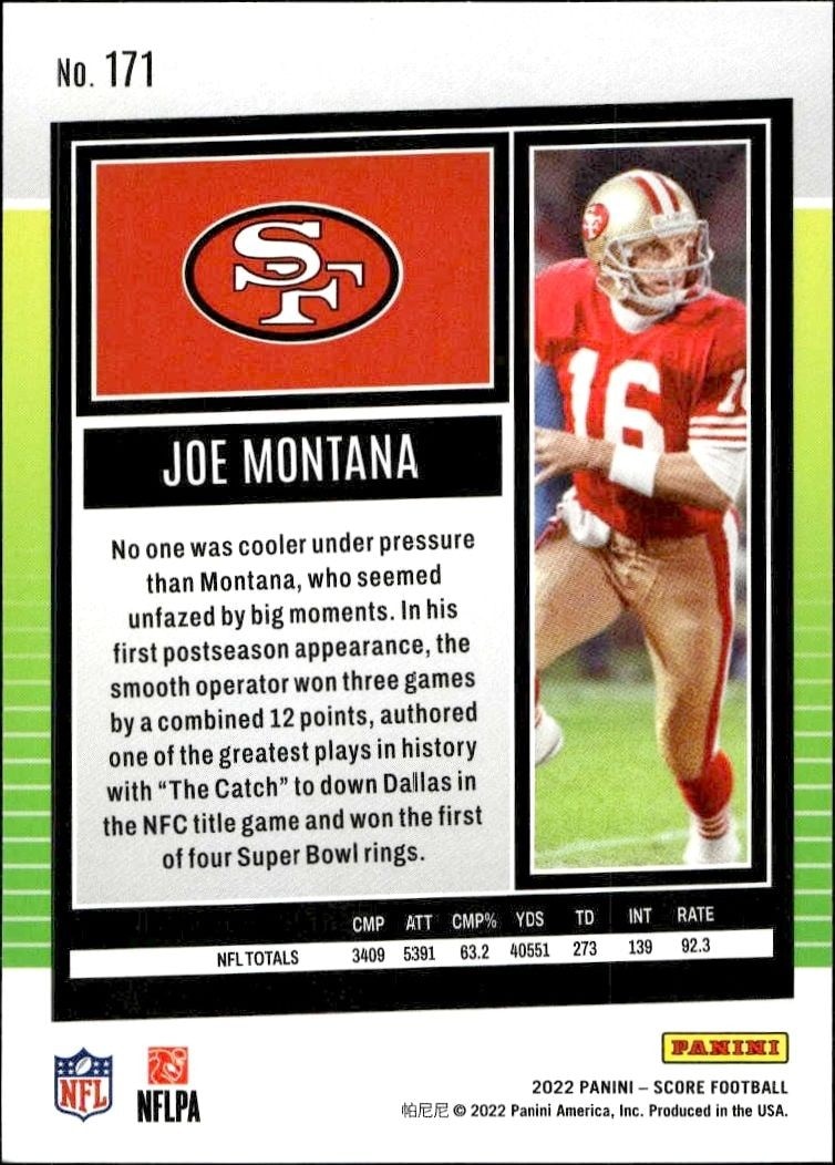 2022 Panini Score Joe Montana #171 football trading card back