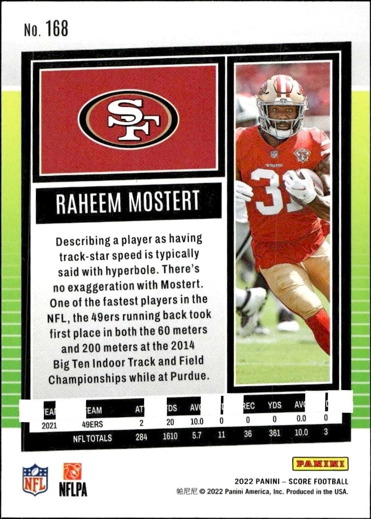 2022 Panini Score Raheem Mostert #168 football trading card back