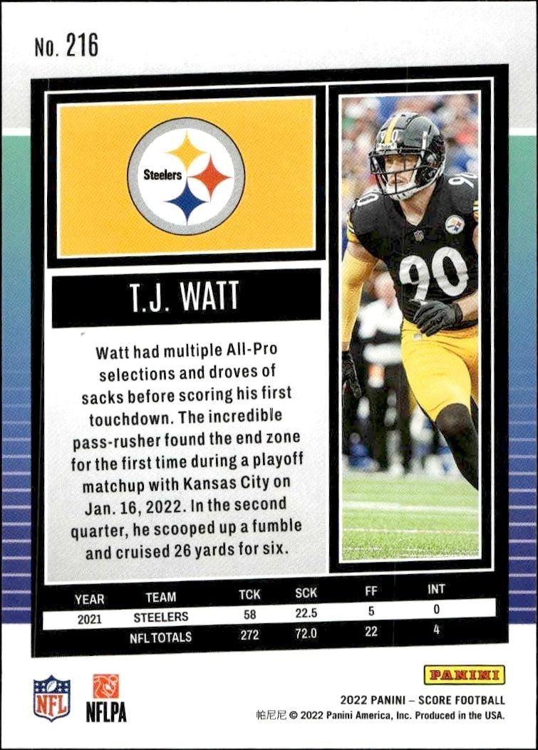 2022 Panini Score T.J. Watt #216 football trading card back
