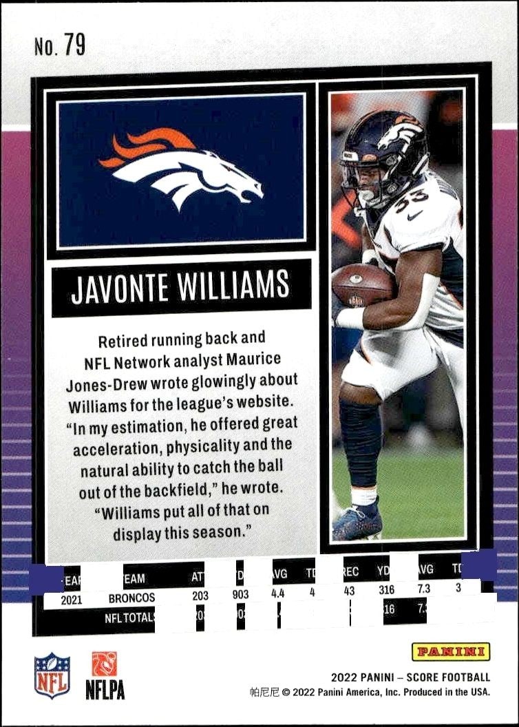 2022 Panini Score Javonte Williams #79 football trading card back