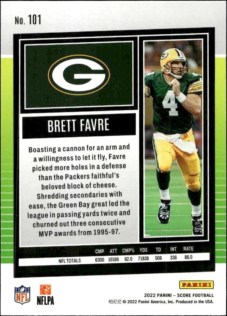 2022 Panini Score Brett Favre #101 football trading card back
