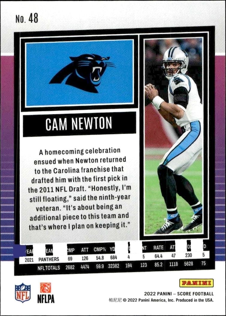 2022 Panini Score Cam Newton #48 football trading card back