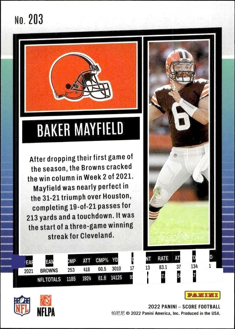 2022 Panini Score Baker Mayfield #203 football trading card back