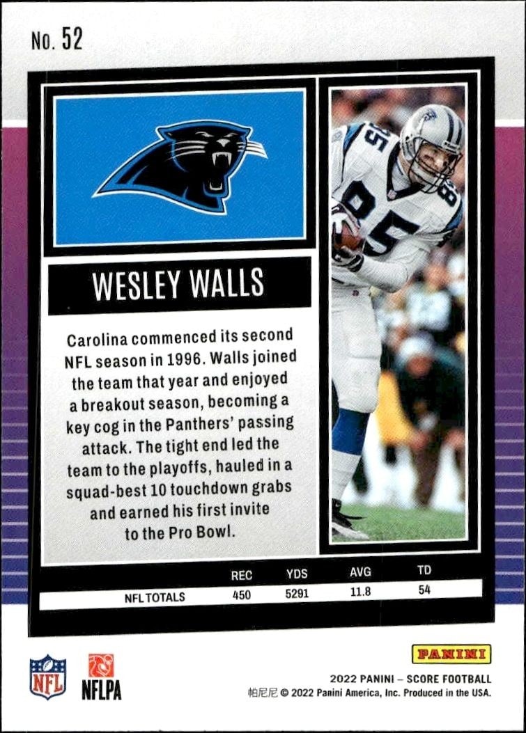 2022 Panini Score Wesley Walls #52 football trading card back