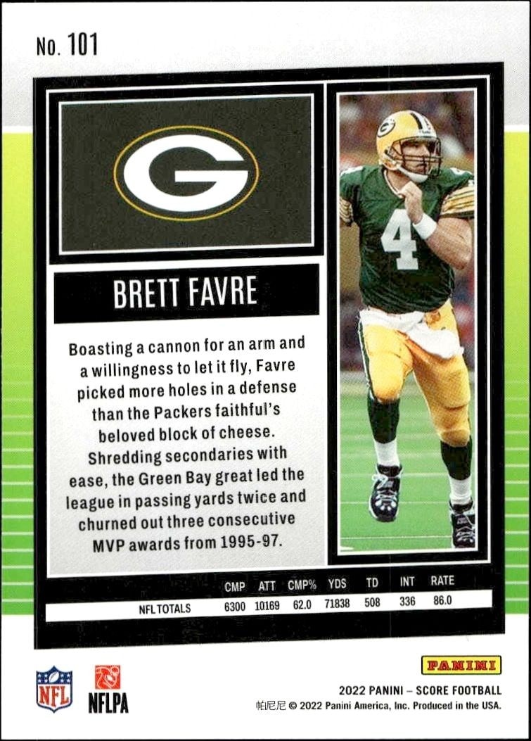 2022 Panini Score Brett Favre #101 football trading card back