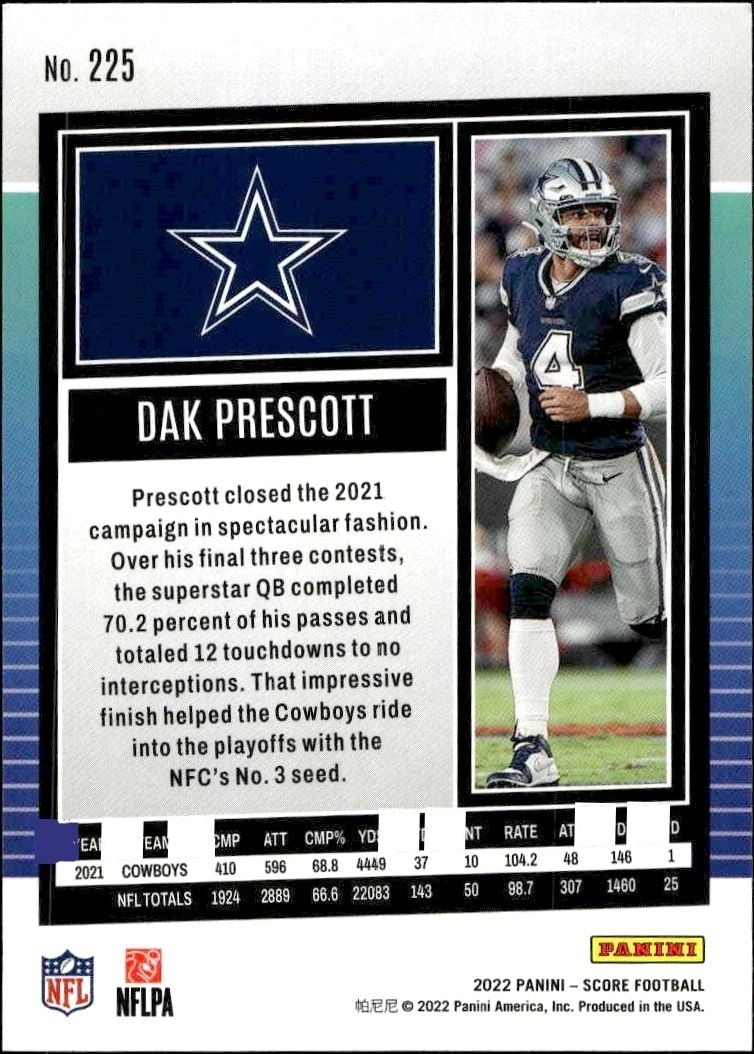 2022 Panini Score Dak Prescott #225 football trading card back