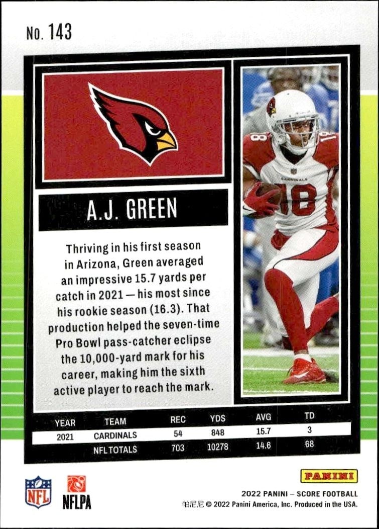 2022 Panini Score A.J. Green #143 football trading card back