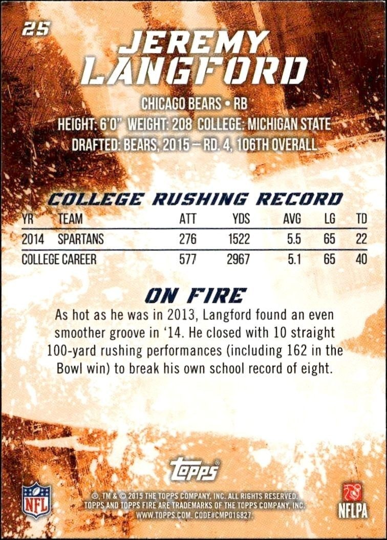 2015 Topps Fire Jeremy Langford #25 football trading card back