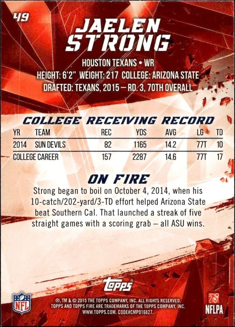 2015 Topps Fire Jaelen Strong #49 football trading card back