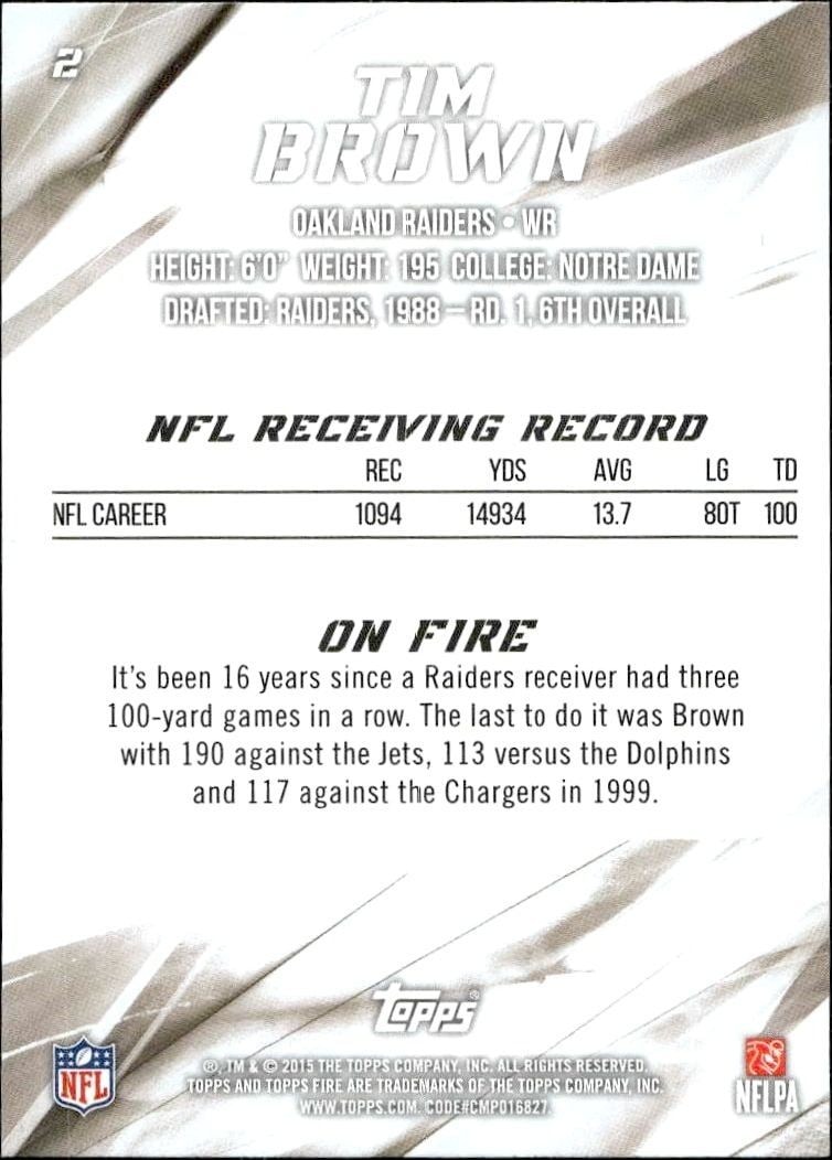 2015 Topps Fire Tim Brown #2 football trading card back