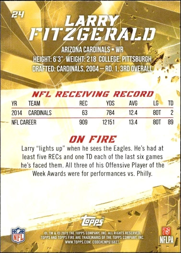 2015 Topps Fire Larry Fitzgerald #24 football trading card back