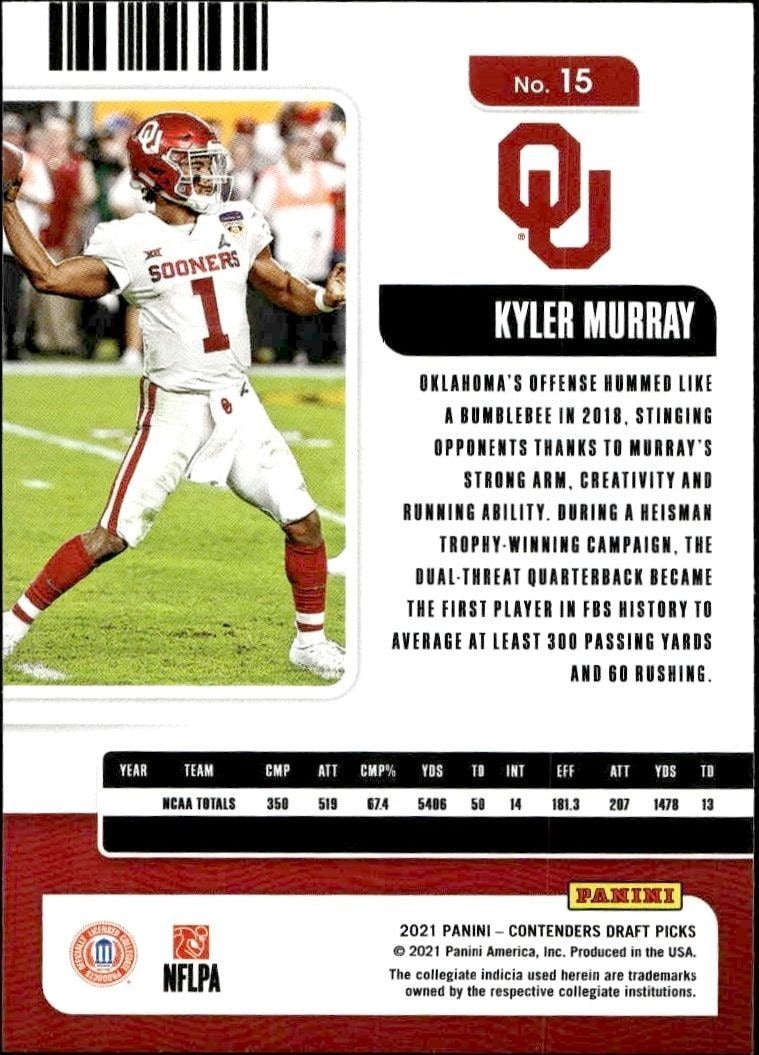 2021 Panini Contenders Draft Picks Kyler Murray #15 football trading card back