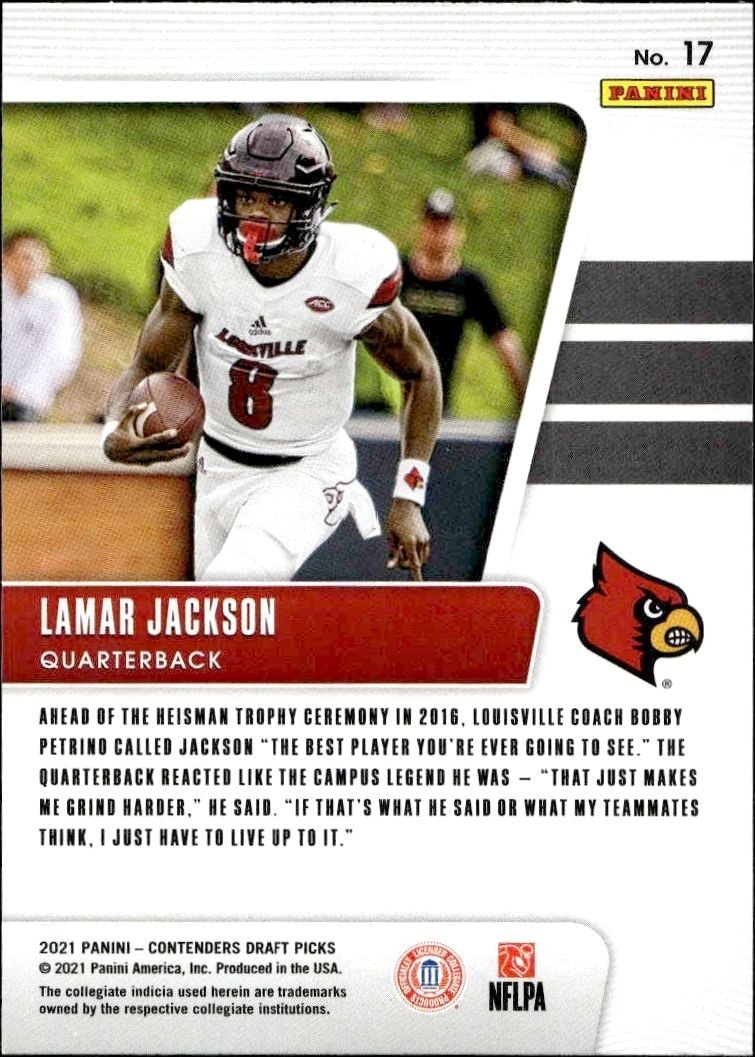 2021 Panini Contenders Draft Picks Lamar Jackson #17 football trading card back