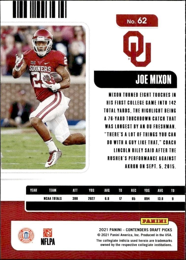 2021 Panini Contenders Draft Picks Joe Mixon #62 football trading card back