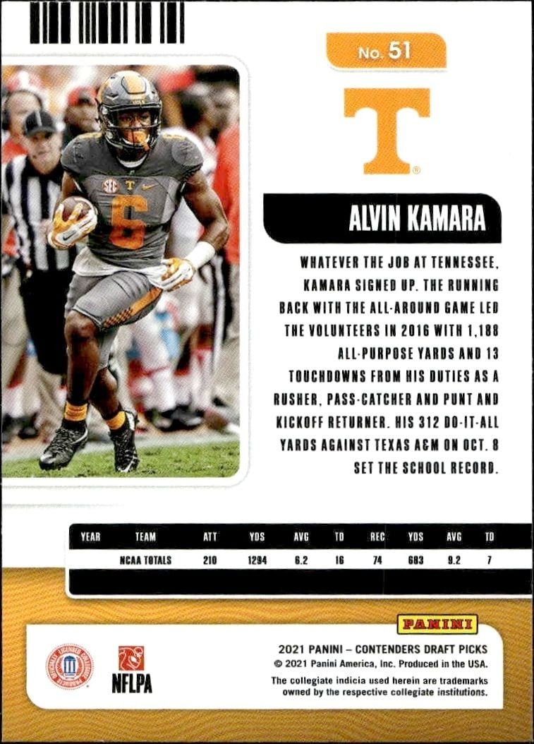 2021 Panini Contenders Draft Picks Alvin Kamara #51 football trading card back
