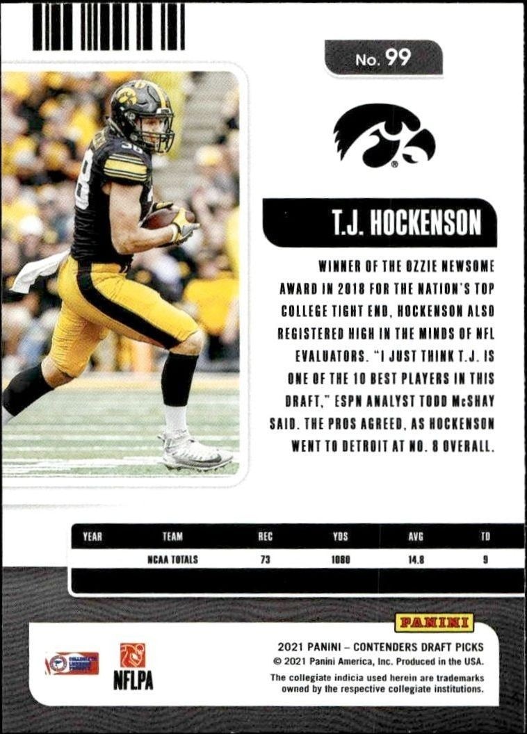 2021 Panini Contenders Draft Picks T.J. Hockenson #99 football trading card back