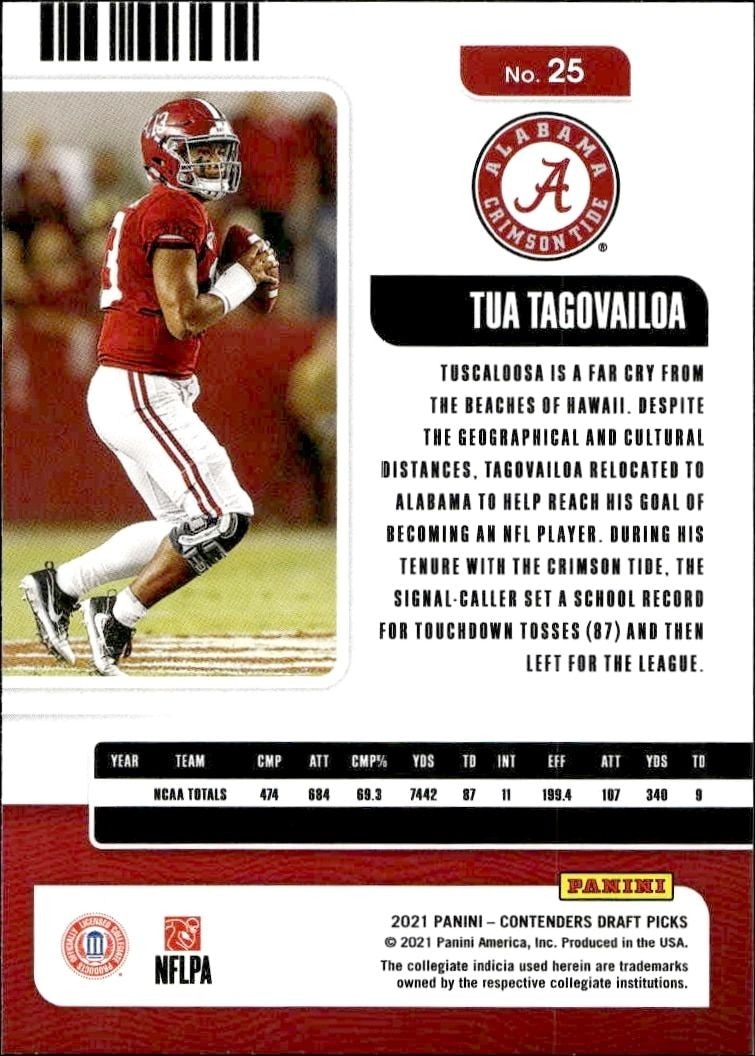2021 Panini Contenders Draft Picks Tua Tagovailoa #25 football trading card back
