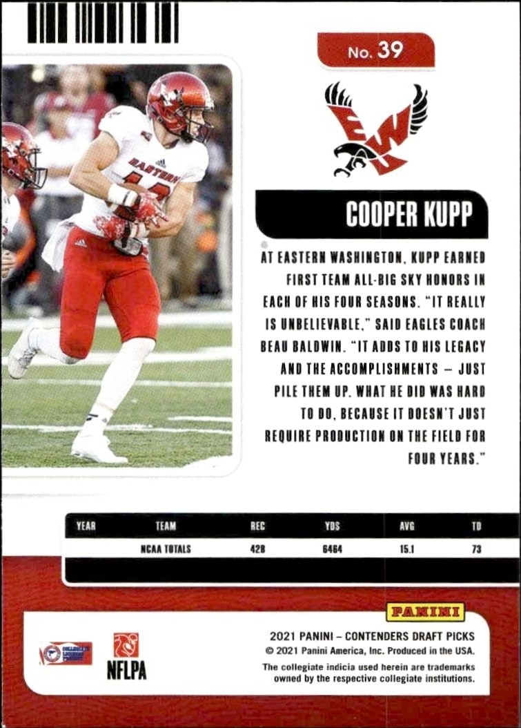 2021 Panini Contenders Draft Picks Cooper Kupp #39 football trading card back