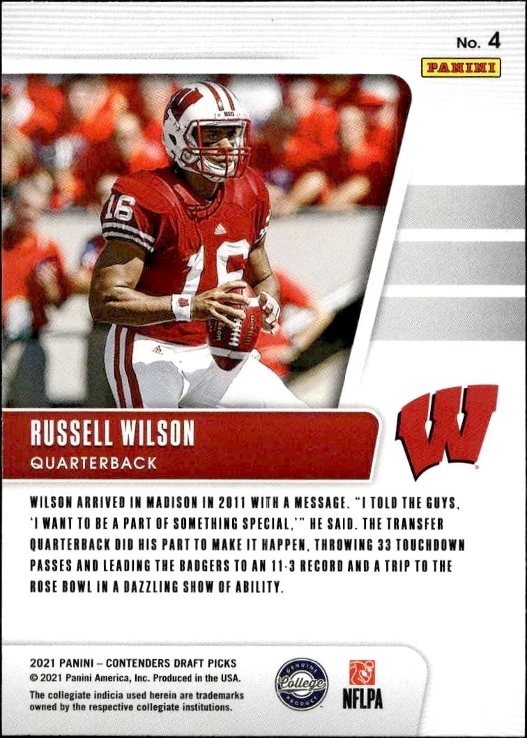 2021 Panini Contenders Draft Picks Russell Wilson #4 football trading card back