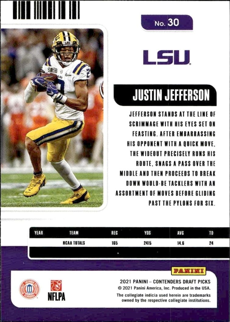 2021 Panini Contenders Draft Picks Justin Jefferson #30 football trading card back