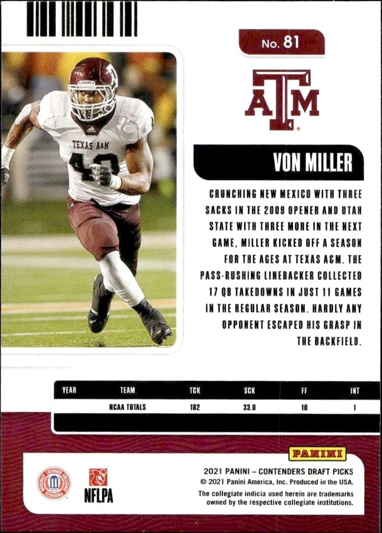 2021 Panini Contenders Draft Picks Von Miller #81 football trading card back