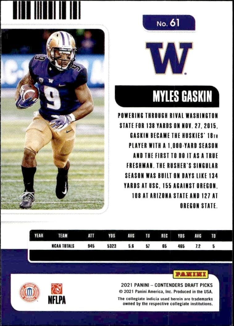 2021 Panini Contenders Draft Picks Myles Gaskin #61 football trading card back