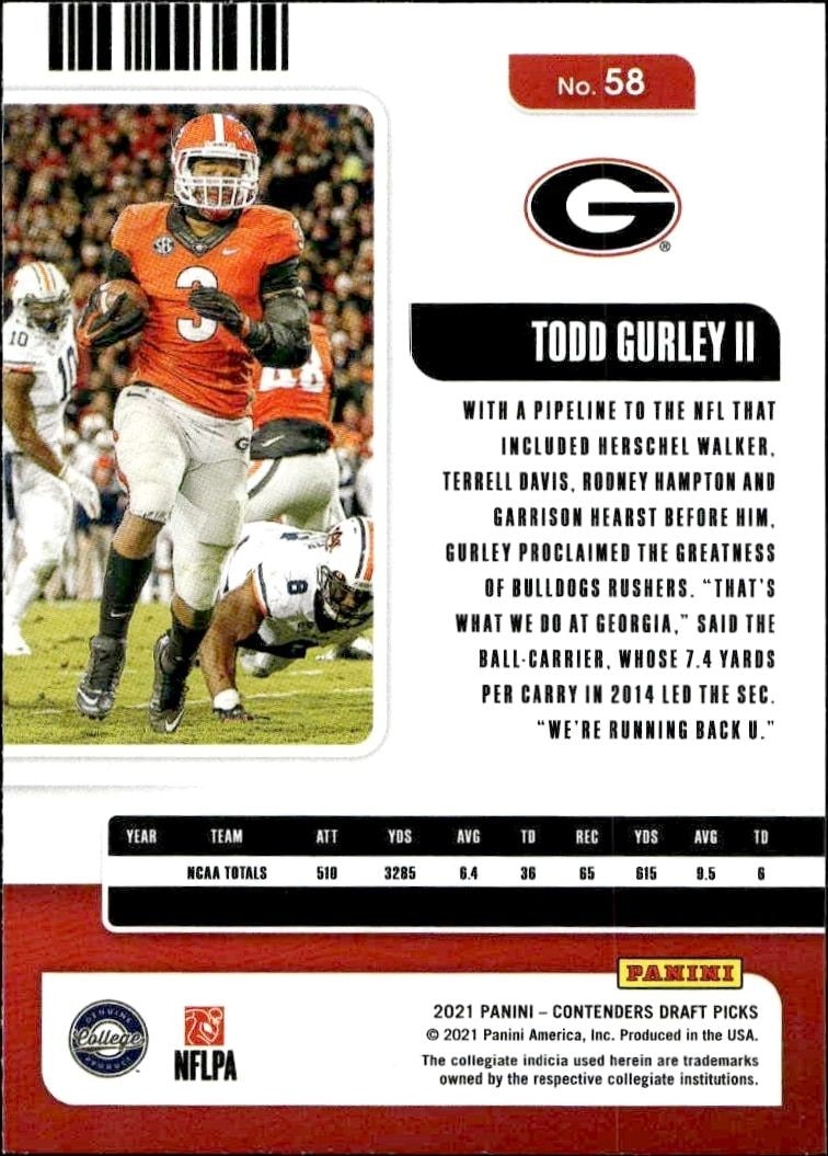 2021 Panini Contenders Draft Picks Todd Gurley II #58 football trading card back