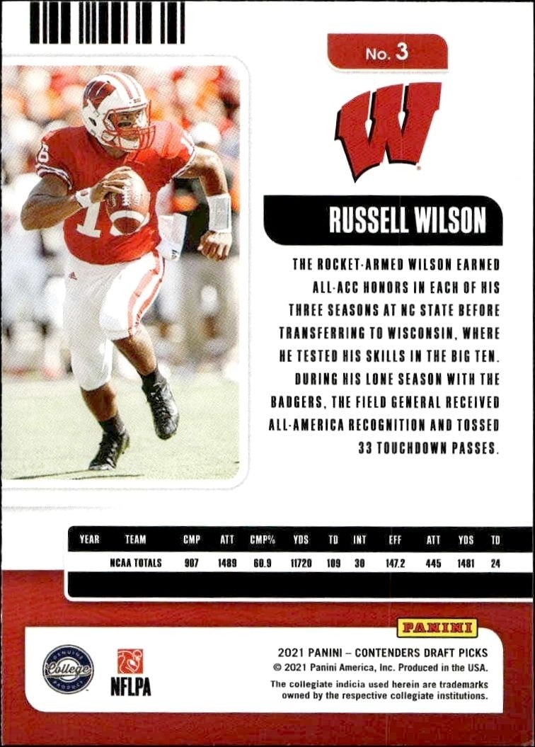 2021 Panini Contenders Draft Picks Russell Wilson #3 football trading card back