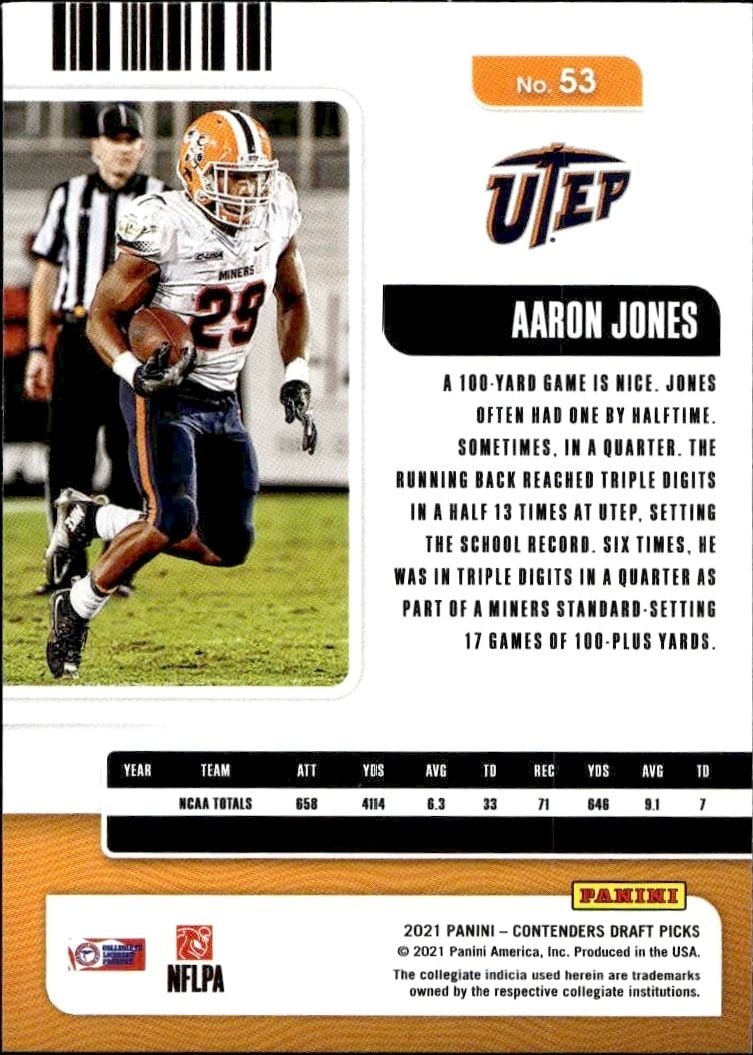 2021 Panini Contenders Draft Picks Aaron Jones #53 football trading card back