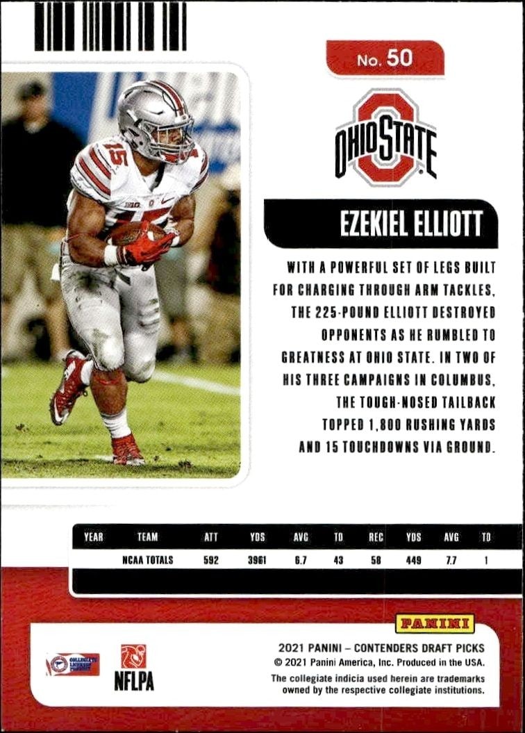 2021 Panini Contenders Draft Picks Ezekiel Elliott #50 football trading card back