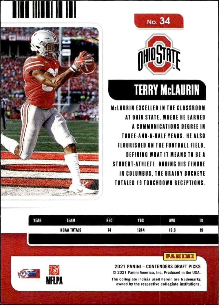 2021 Panini Contenders Draft Picks Terry McLaurin #34 football trading card back