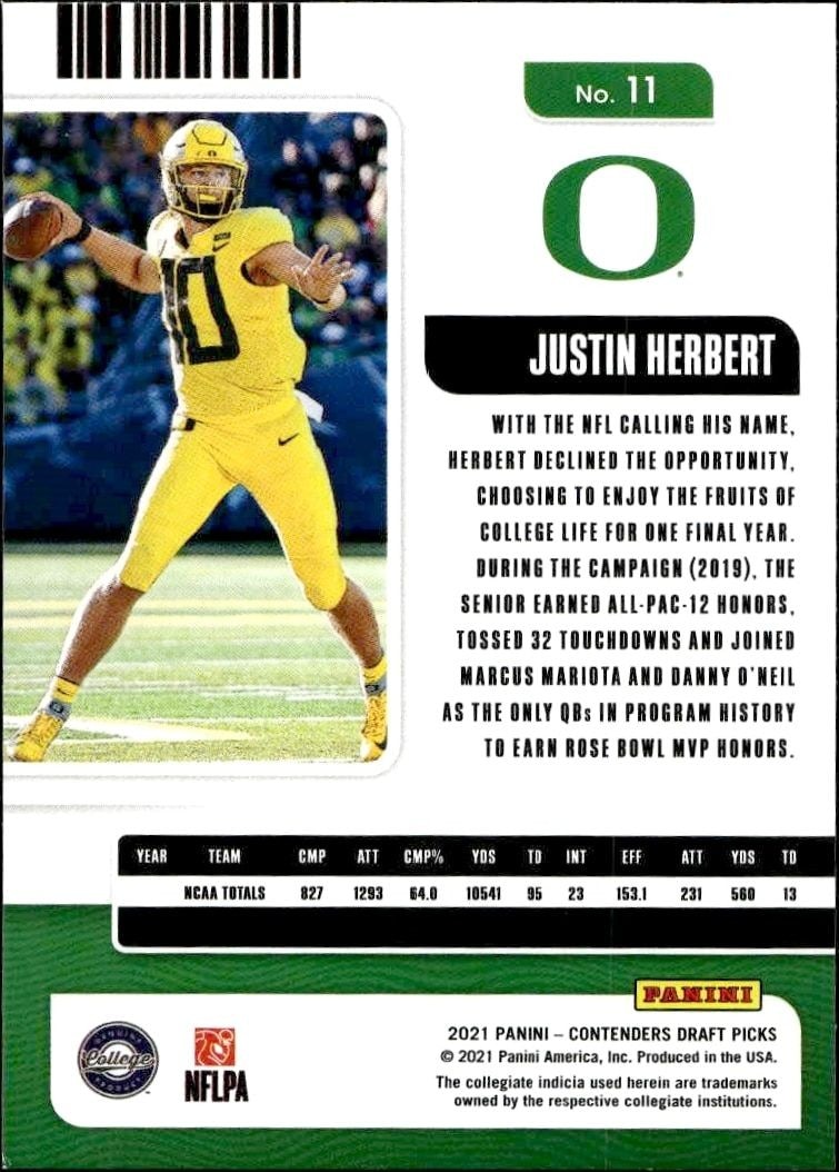 2021 Panini Contenders Draft Picks Justin Herbert #11 football trading card back