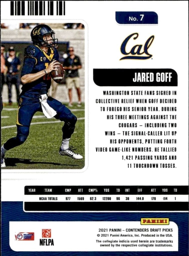2021 Panini Contenders Draft Picks Jared Goff #7 football trading card back