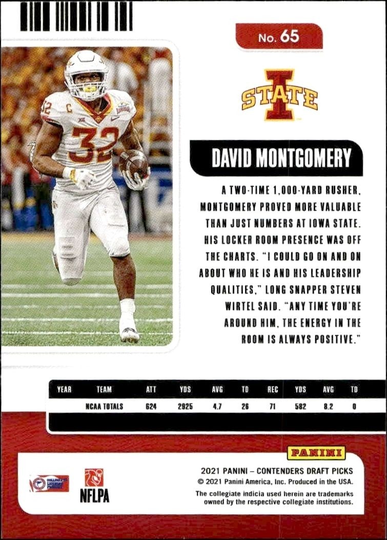 2021 Panini Contenders Draft Picks David Montgomery #65 football trading card back
