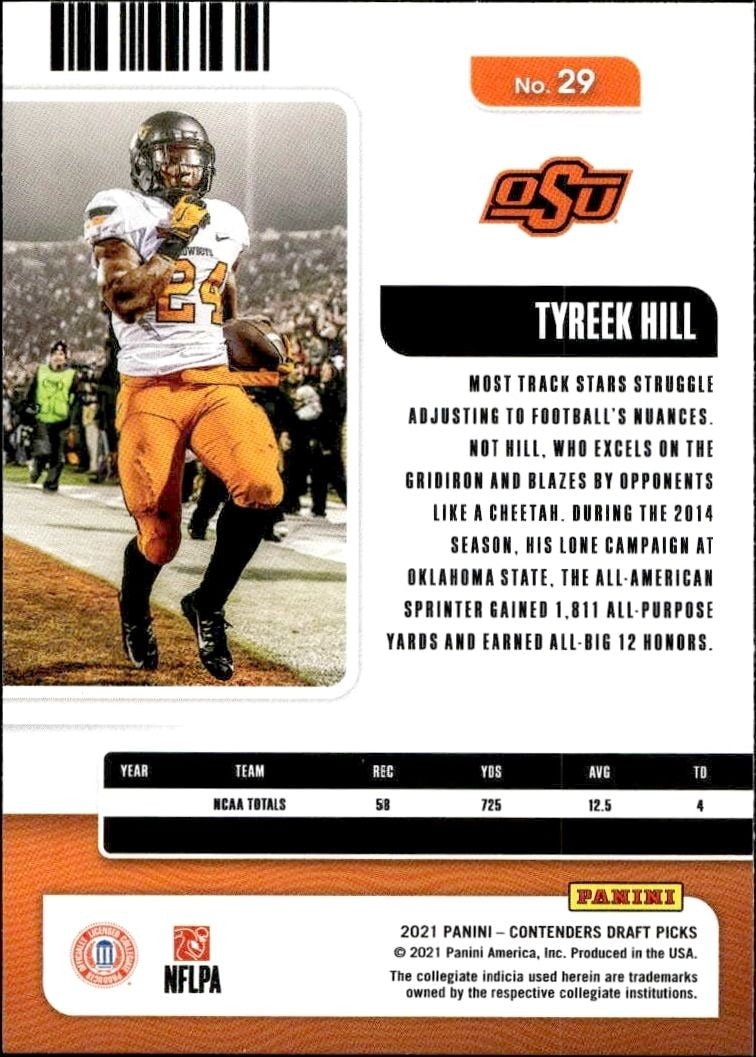 2021 Panini Contenders Draft Picks Tyreek Hill #29 football trading card back