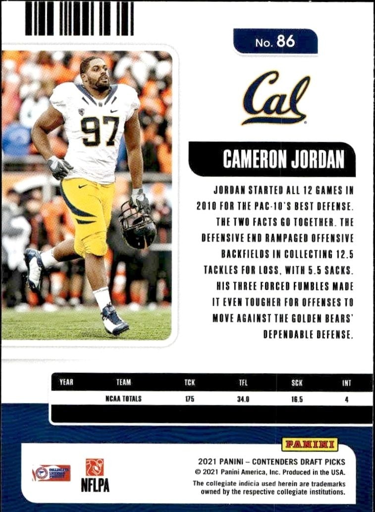 2021 Panini Contenders Draft Picks Cameron Jordan #86 football trading card back