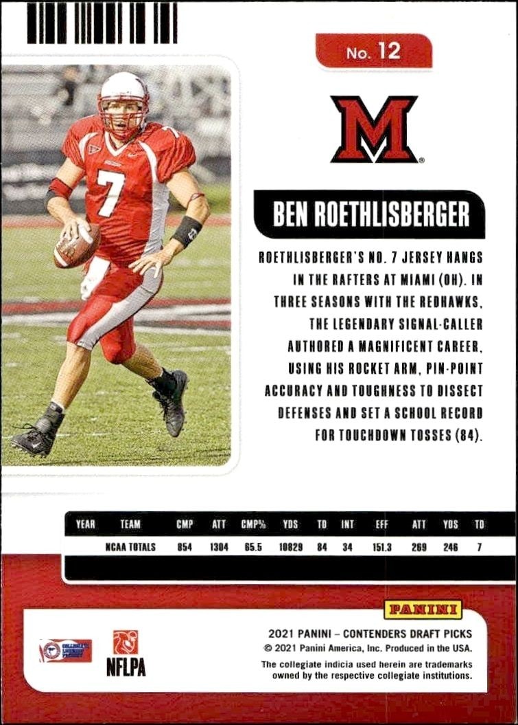 2021 Panini Contenders Draft Picks Ben Roethlisberger #12 football trading card back