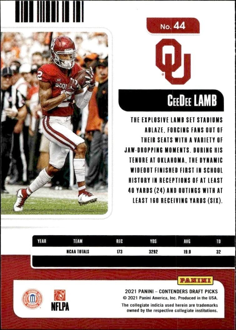 2021 Panini Contenders Draft Picks CeeDee Lamb #44 football trading card back