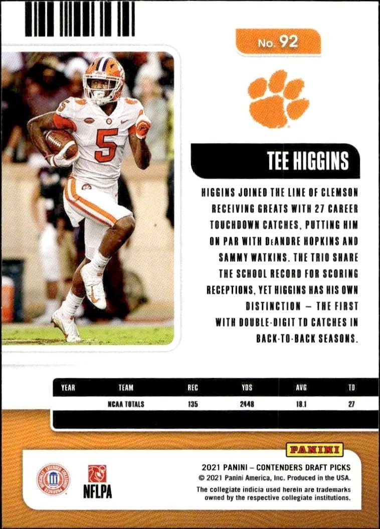 2021 Panini Contenders Draft Picks Tee Higgins #92 football trading card back