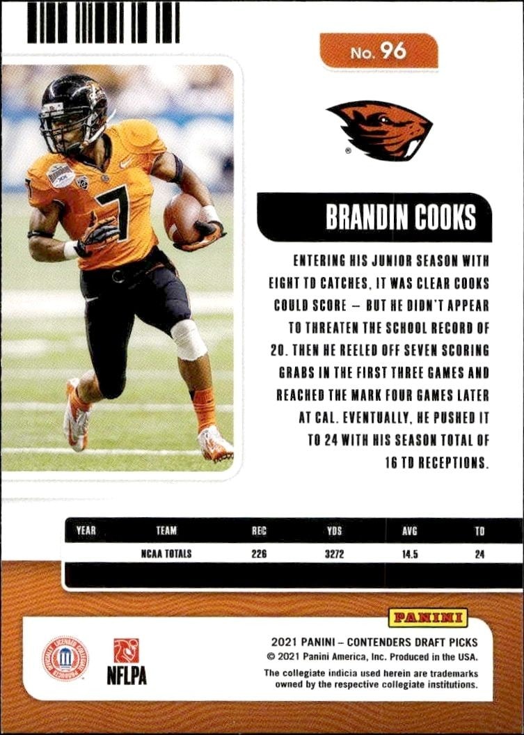 2021 Panini Contenders Draft Picks Brandin Cooks #96 football trading card back