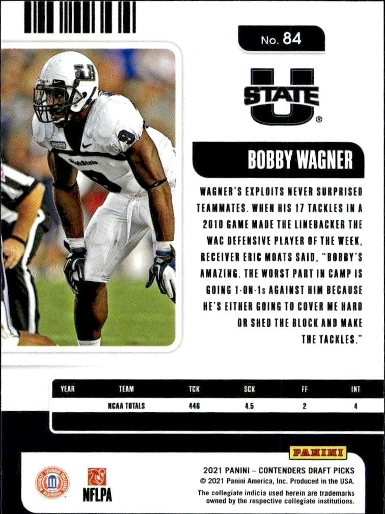 2021 Panini Contenders Draft Picks Bobby Wagner #84 football trading card back