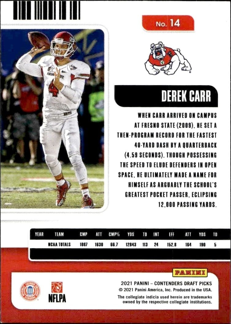 2021 Panini Contenders Draft Picks Derek Carr #14 football trading card back