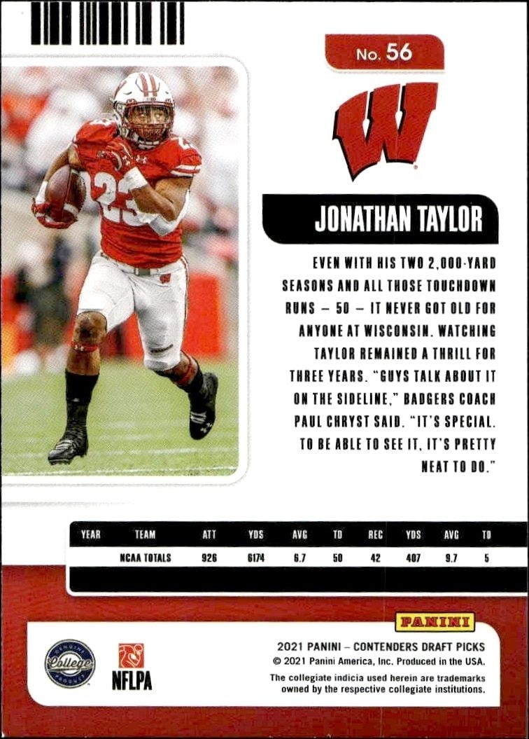 2021 Panini Contenders Draft Picks Jonathan Taylor #56 football trading card back