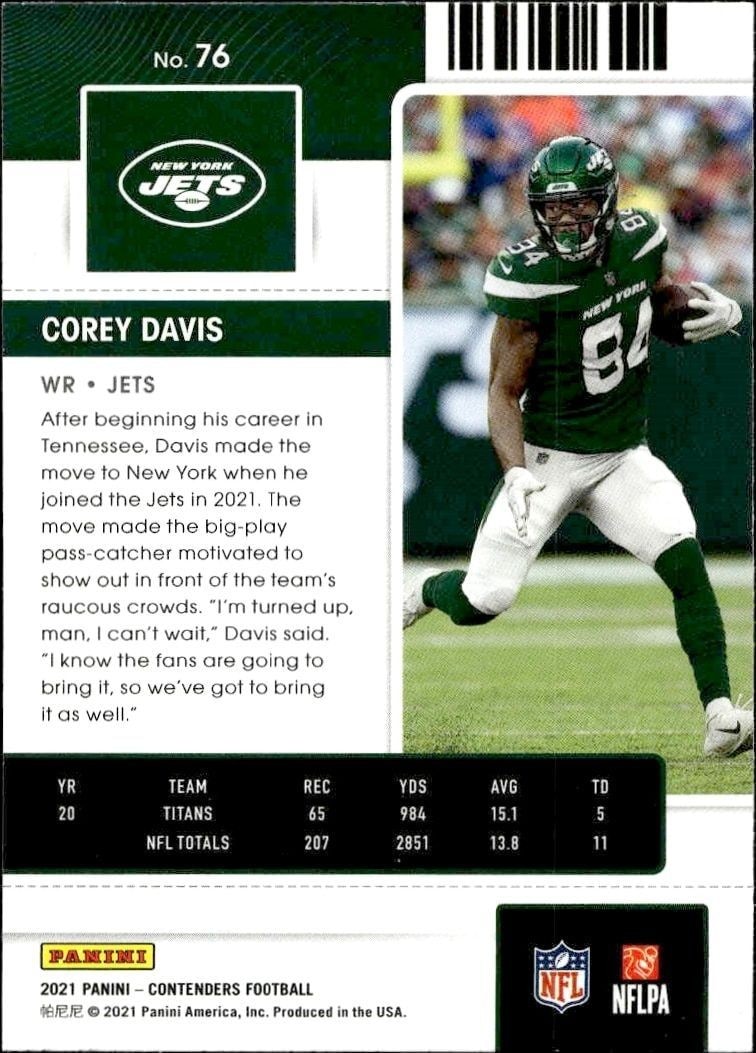 2021 Panini Contenders Corey Davis #76 football trading card back