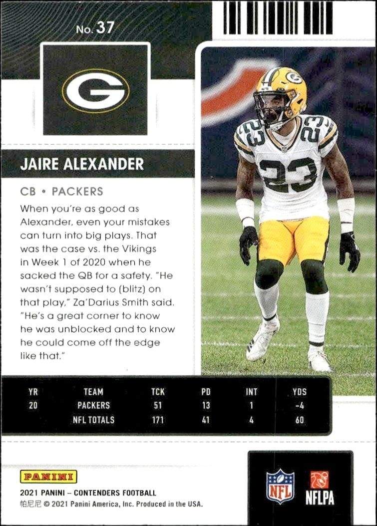 2021 Panini Contenders Jaire Alexander #37 football trading card back