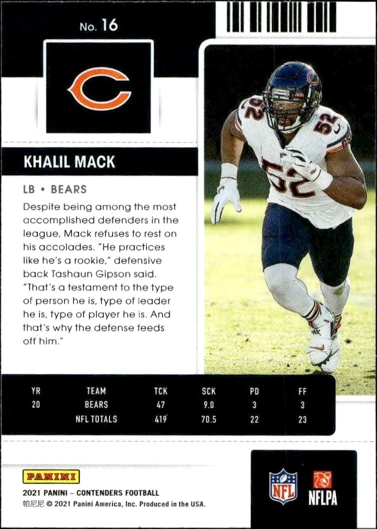 2021 Panini Contenders Khalil Mack #16 football trading card back